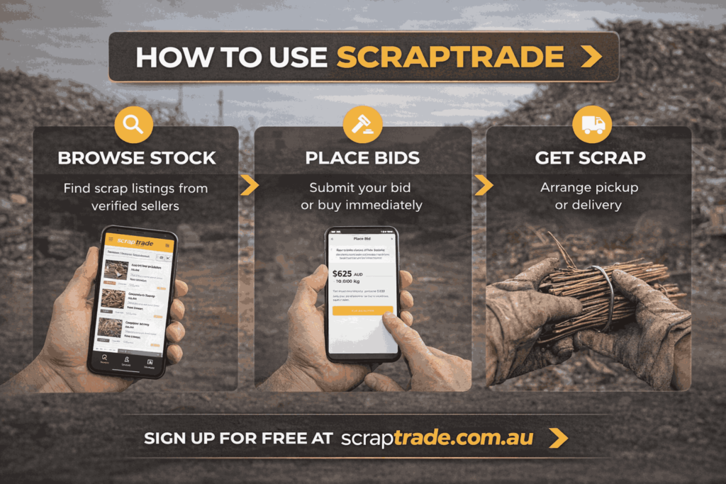 Infographic banner titled “How to Use ScrapTrade” showing three steps: Browse Stock on a mobile app, Place Bids on scrap listings, and Get Scrap with pickup or delivery, set against a scrapyard background with bold yellow and white text.