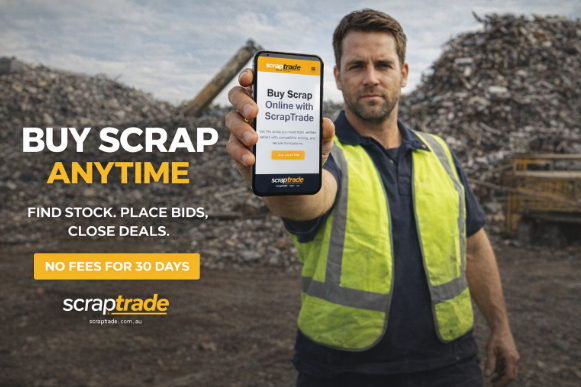 Worker in high-visibility vest holding a smartphone displaying the ScrapTrade platform with the headline “Buy Scrap Anytime” in a scrapyard setting.